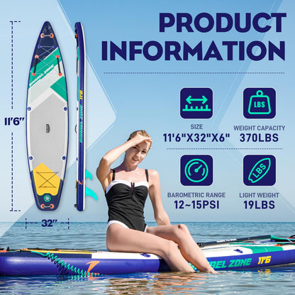 TIDETREK 11'6" Inflatable Stand Up Paddle Boards, Premium SUP Accessories, Non-Slip Comfort Deck for Youth & Adults (Ocean Sunrise)