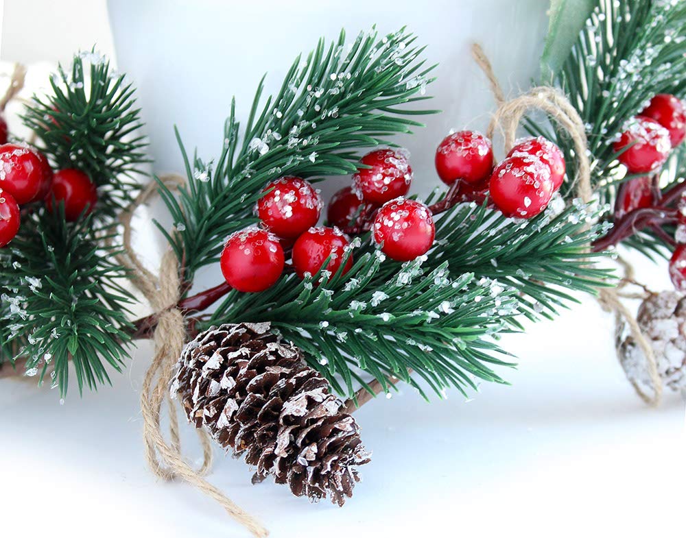 Red Berry Stems Pine Branches Evergreen Christmas Berries Décor 8 PCS Artificial Pine Cones Branch Craft Wreath Pick & Winter Holiday Floral Picks Holly Stem for Decoration DIY Xmas Garland Crafts