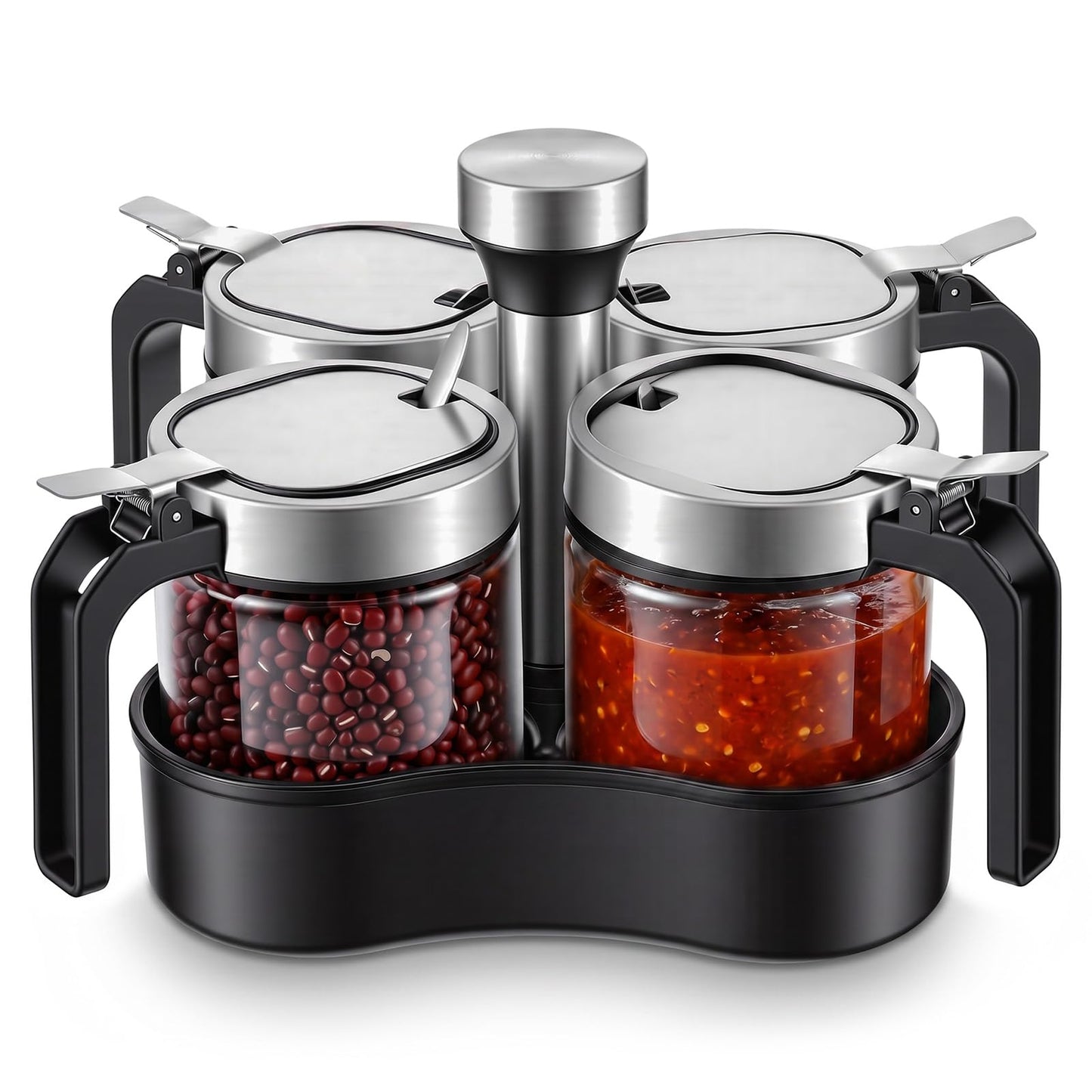 Set of 4 Revolving Condiment Pots: Sugar Bowl, Salt & Pepper Cellar with Lid and Spoon, 360-Degree Rotating Holder Tray for Kitchen Countertop Organization, Glass Spice Jars with Stainless Steel Acces