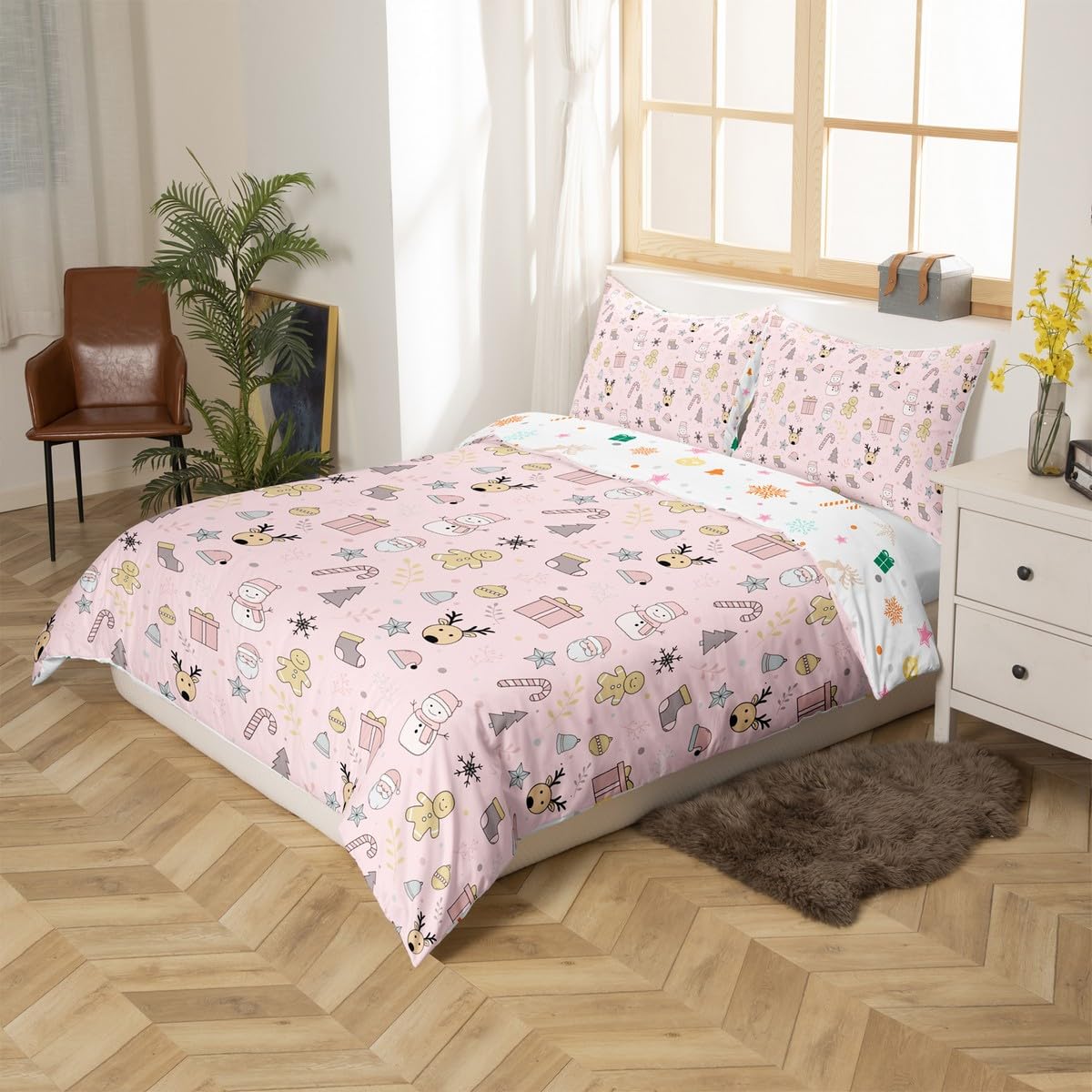 Merry Christmas Bedding Sets Twin Size,Cute Snowman Deer Duvet Cover Set 2Pcs for Kids Girls Boys Adult Room Decor,Cartoon Santa Claus Comforter Cover Pink Snowflake Quilt Cover,1 Pillowcase