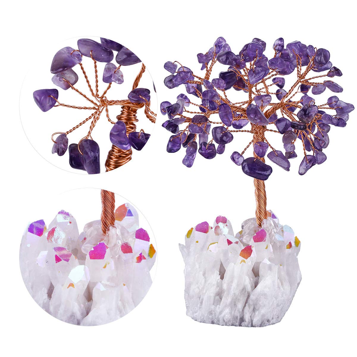 TUMBEELLUWA Healing Crystal Stone Money Tree with White AB Crystal Base Tumbled Stones Bonsai Home & Office Feng Shui Decor for Good Luck and Wealth, Amethyst