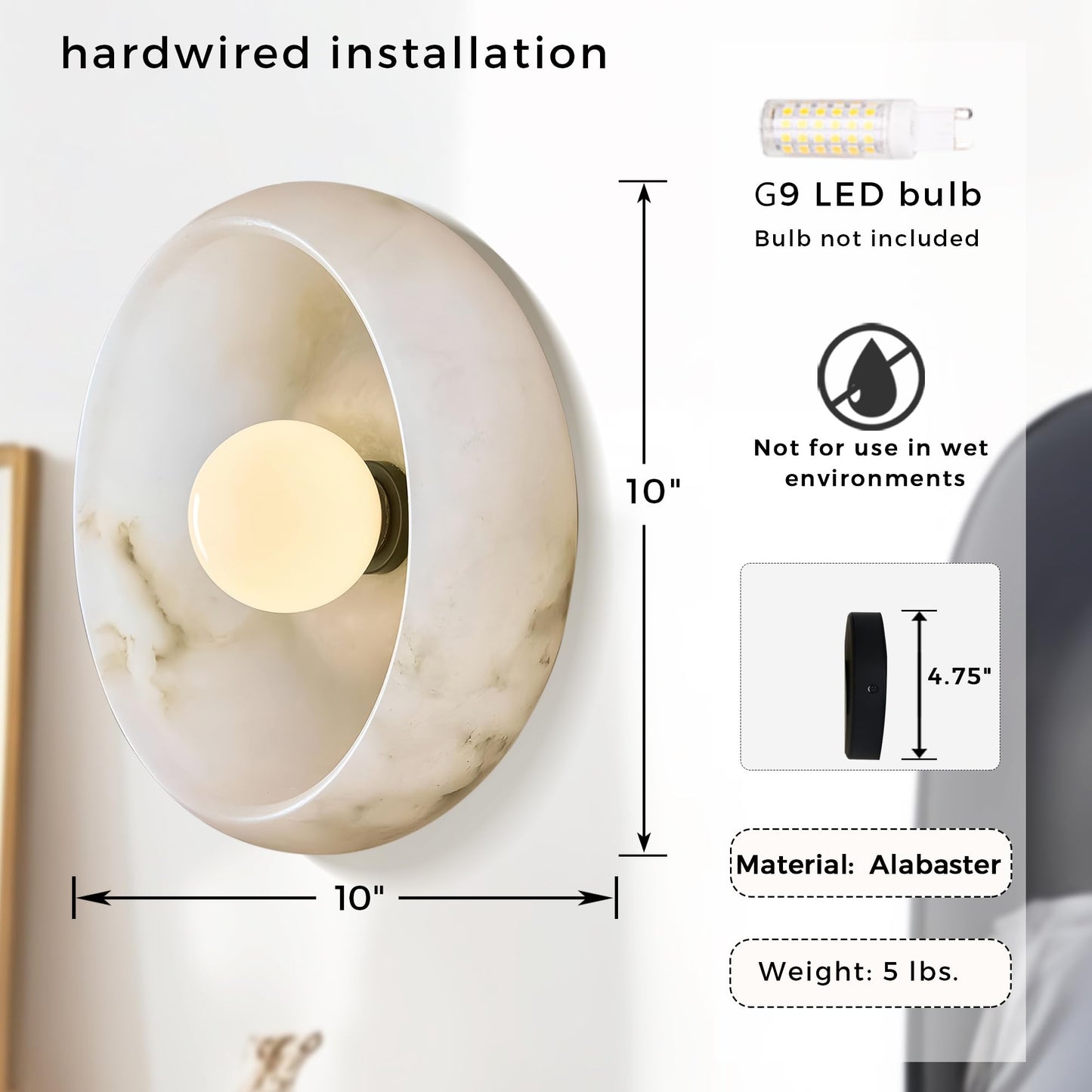 10" Artistic Alabaster Wall Sconce & Ceiling Light, Natural Stone Texture, Soft Diffused Lighting for Bedroom, Hallway, Living Room, Sculptural Design, G9 Bulb