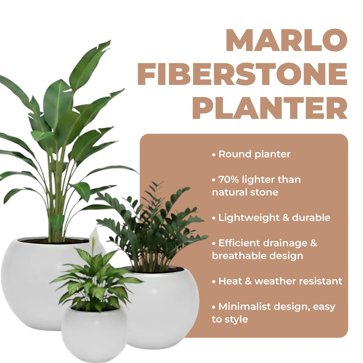 DEPLA LANE Marlo Fiberstone Round Planter (8.5" Pot Opening x 12..6" D x 9.8" H) Smooth Finishes, Lightweight, Durable, UV Resistant, Modern Minimalist Home Decor, Indoor Outdoor Plant Pot (S, White)