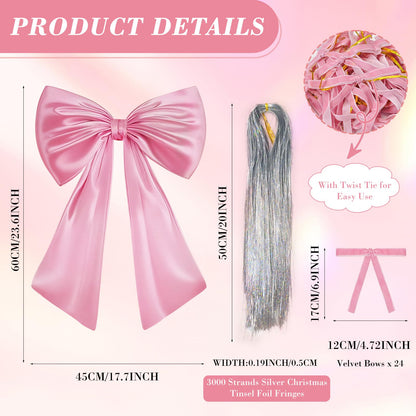 17x23 Inch Large Pink Bow for Christmas Tree Topper Christmas Tree Decoration Set: 24 Small Velvet Bows, 1 Pcs Big Tree Topper Bow, 3000 Strands of Tinsel Icicles for Holiday Decor (Pink)