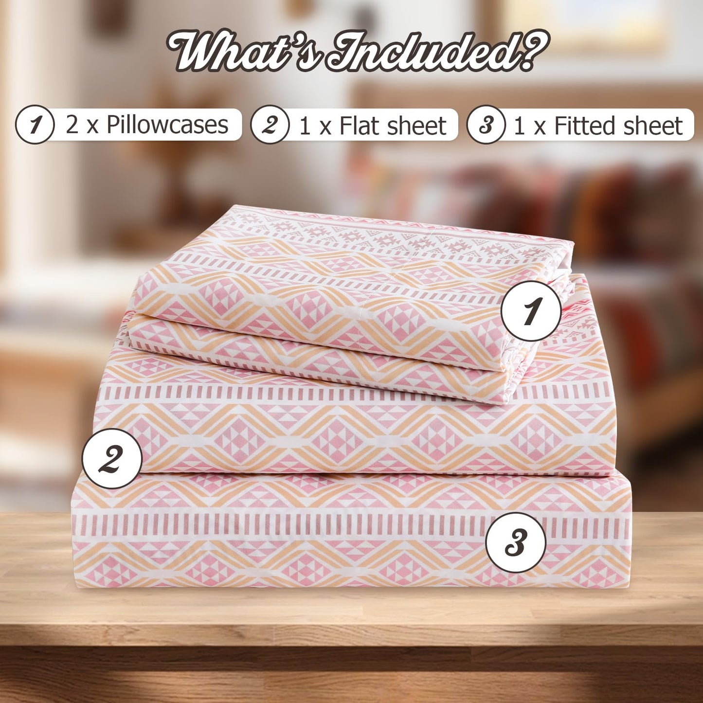 CozySmile Boho Sheet 4 Pieces King Sheet Set Bohemian, Breathable Soft Microfiber 16" Deep Pocket, Western Bedding Sheets Geometric(King, Pastel Pink Geometric)