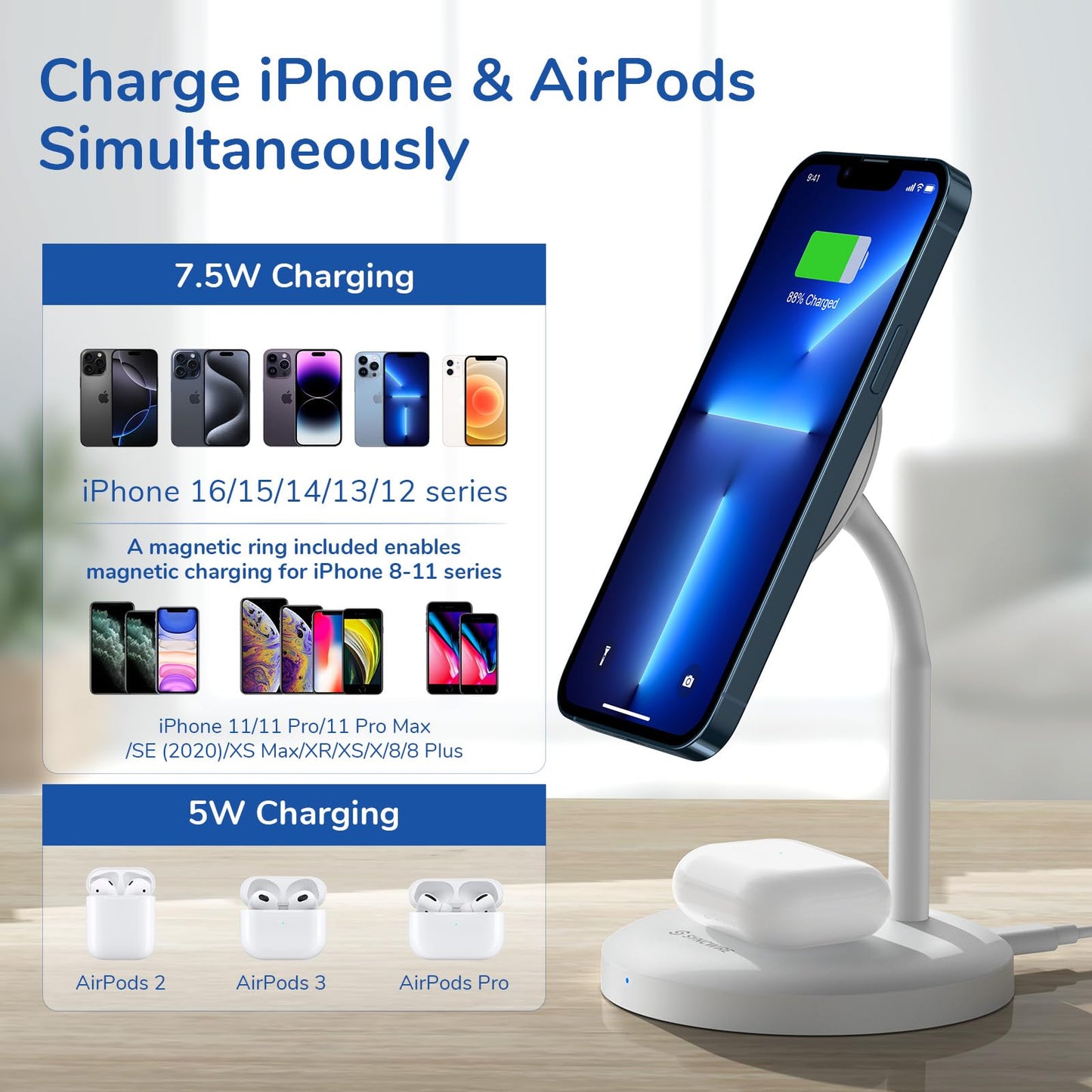 Syncwire Wireless Charging Stand - 2 in 1 Free Rotation Magnetic Charger Station for MagSafe Compatible with iPhone 16, 15, 14, 13, 12 Pro Max, Pro, Mini, Plus, AirPods