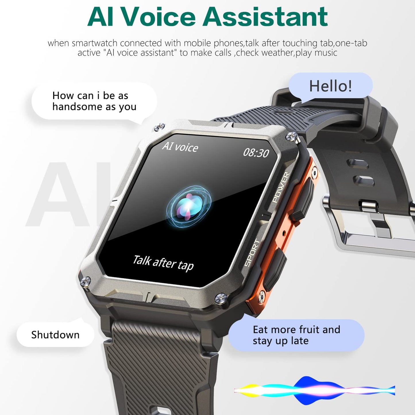 Smart watch military for men with call dials that can make calls and answer calls compatible for iOS Android, Fitness Activity tracker with IP68 Waterproof Ai voice, with 123 Sports Modes