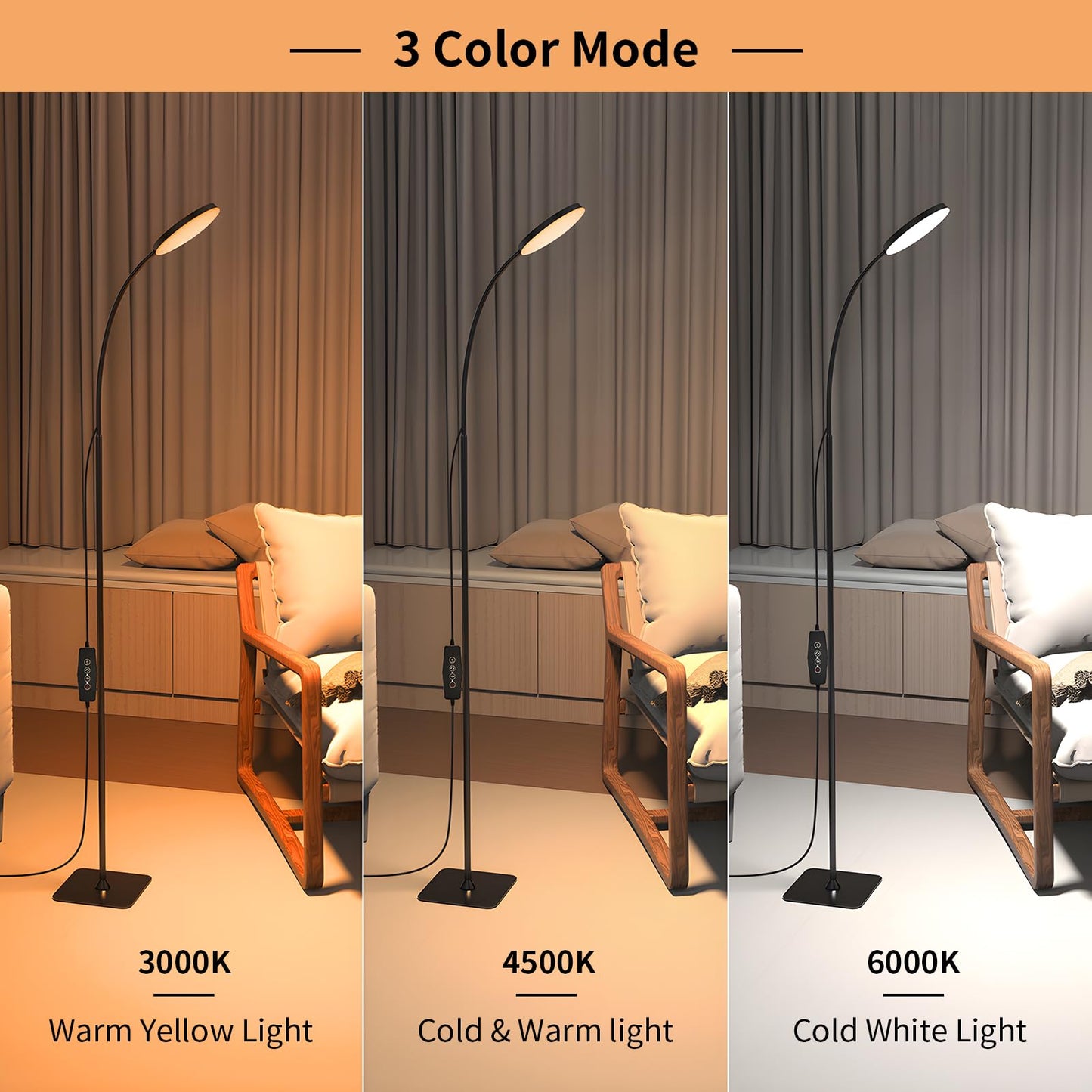 Mojimdo LED Floor Lamp, 10W Reading Standing Lamps with 3 Color Temperature & 5 Brightness Levels, Dimmable Floor Lamp for Living Room, Bedroom, Office