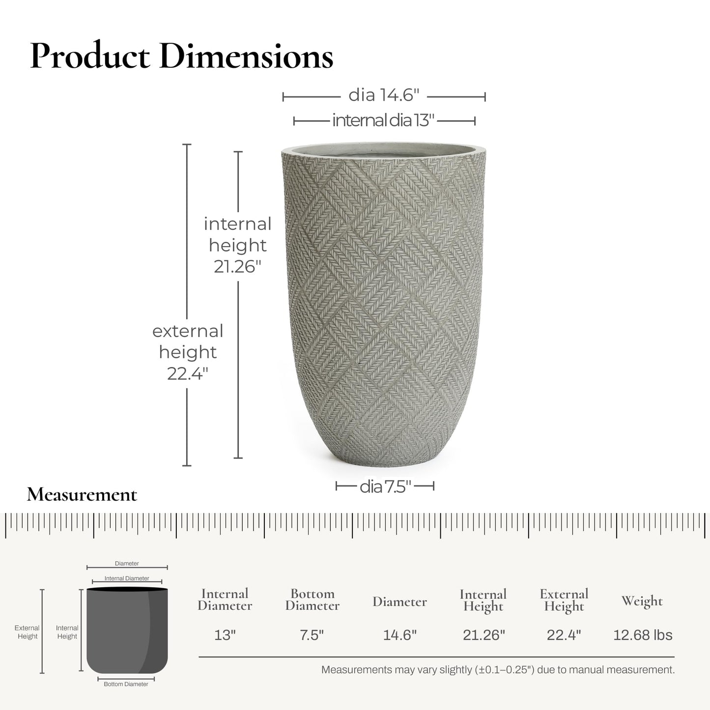 LuxenHome 22" H Concrete Tall Planters, Large Outdoor Indoor Decorative Plant Pots with Drainage Holes and Rubber Plug, Modern Gray Glen Pattern Round Flower Pot Planters for Home Garden Patio Porch