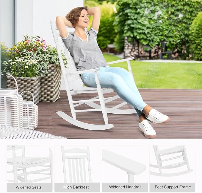 VINGLI Wooden Rocking Chair, Outdoor Chair with 450 lbs Support (White, 1PC)