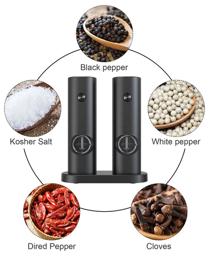 COKUNST Electric Pepper and Salt Grinder Set, Battery Powered Adjustable 5 Levels of Coarseness Black Pepper Mills with Stand, Automatic Grinding with LED Light for BBQ Resturant Kitchen