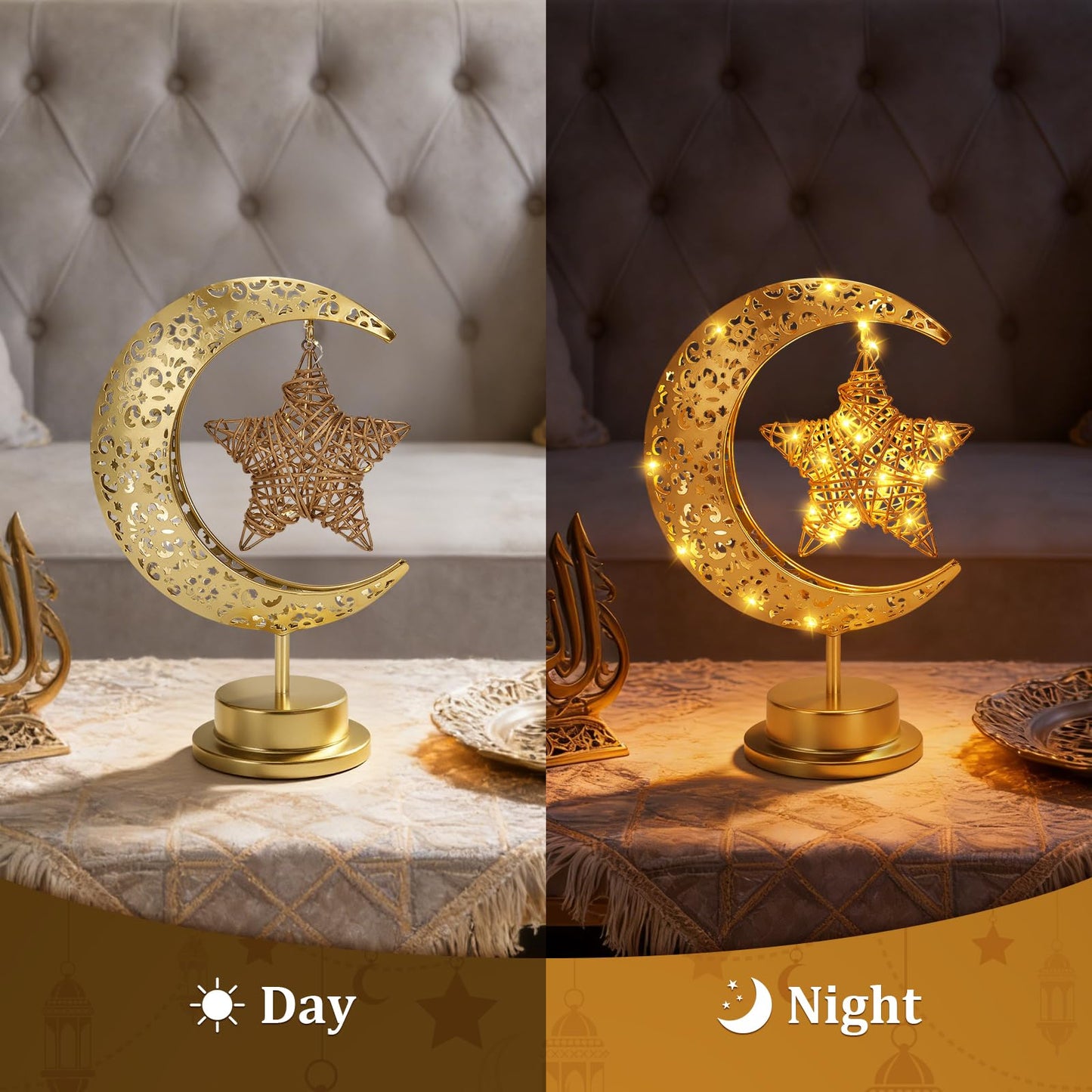 Half Moon Light Metal Ramadan Star Decorative Lamp - Battery Operated, Eid Decorations, Moon Night Light for Kids