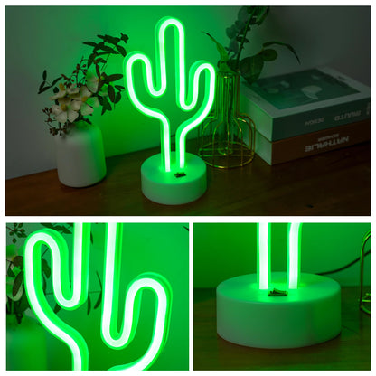 Green Cactus Neon Lights with Holder Base, Cactus Neon Signs for Bedroom, Tabletop, Bar, Birthday, Christmas Decor, Luau Summer, Mexican Party, Battery/USB Powered LED Night Light Children Gift