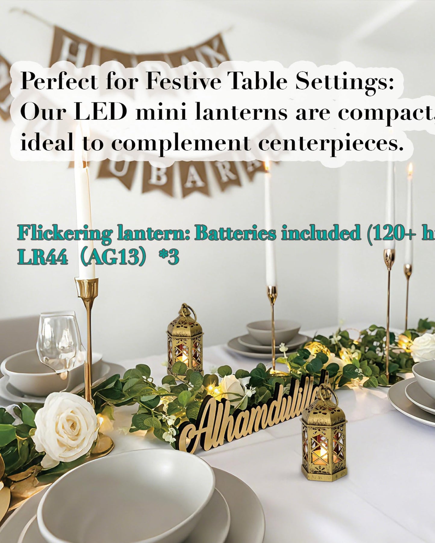 Reperla 8-Pack Mini Lanterns with Flickering LED Candles for Ramadan, Small Decorative Hanging Lanterns for Halloween, Christmas, Wedding, Gold Lantern for Table Centerpiece, Garden Party Decor