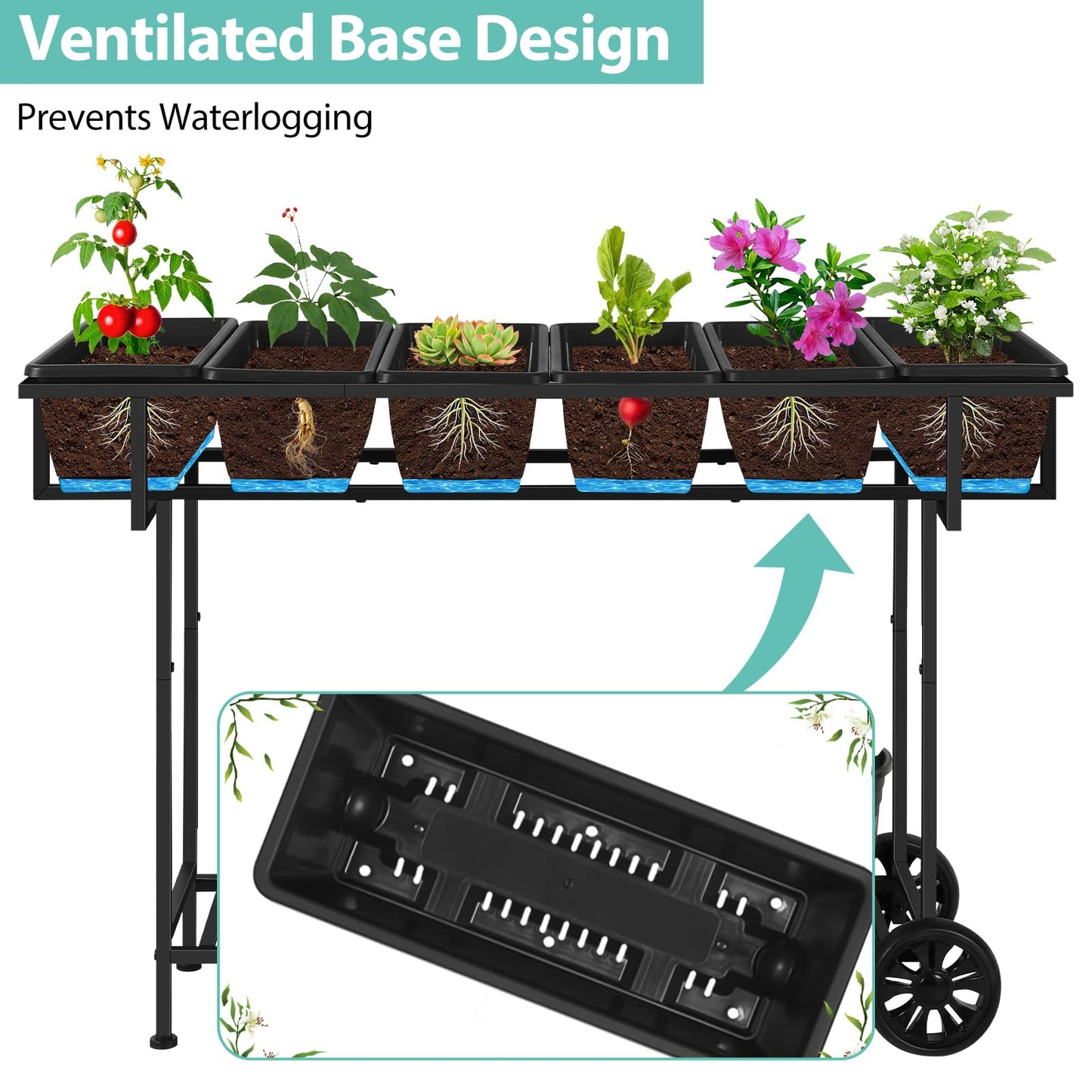 YBING Raised Garden Bed Outdoor with Wheels 42x17x29in Elevated Planter Box with Legs and Storage Shelf 6 Pocket Herb Garden Planter for Balcony Patio Deck Black
