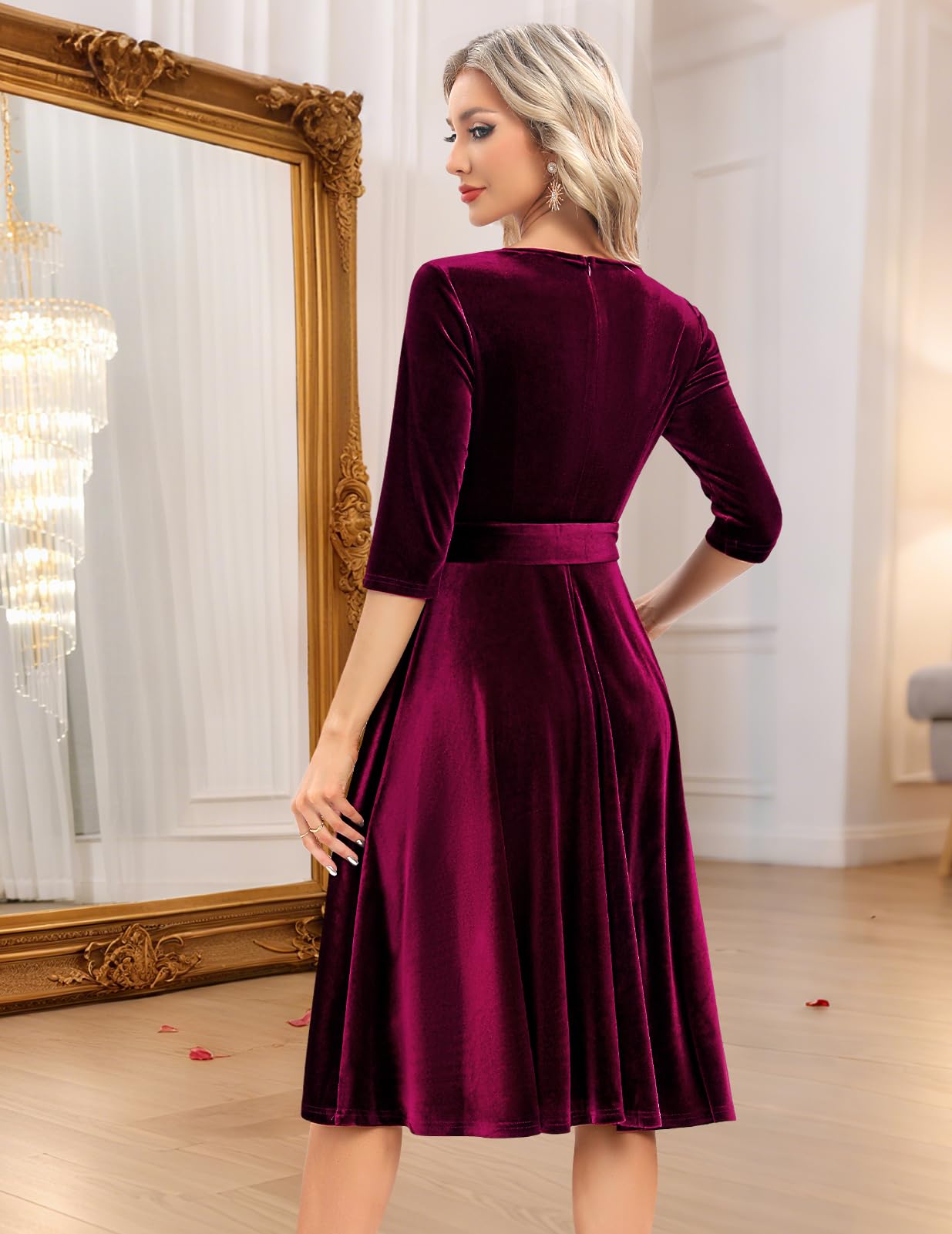 Bbonlinedress Velvet Vintage Cocktail Tea Formal Wedding Guest Midi Prom Long Sleeve Christmas Dress Burgundy 3XL