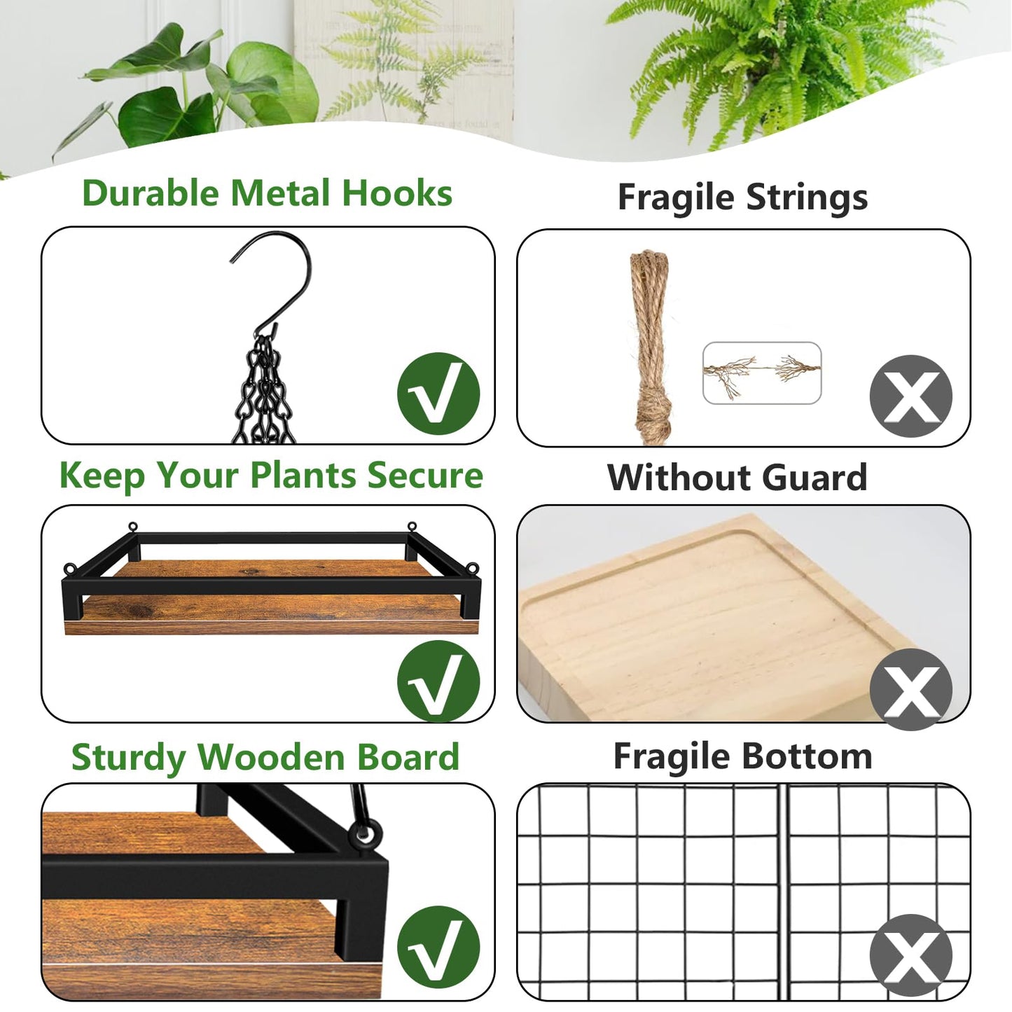 Plant Hanger Indoor, 16" Wooden Hanging Plant Holder with Metal Frame Large Hanging Planter for Indoor Plants Load 50LB Hanging Plant Shelf with 27.6" Long Chain, Ideal for Heavier Pots Window Ceiling