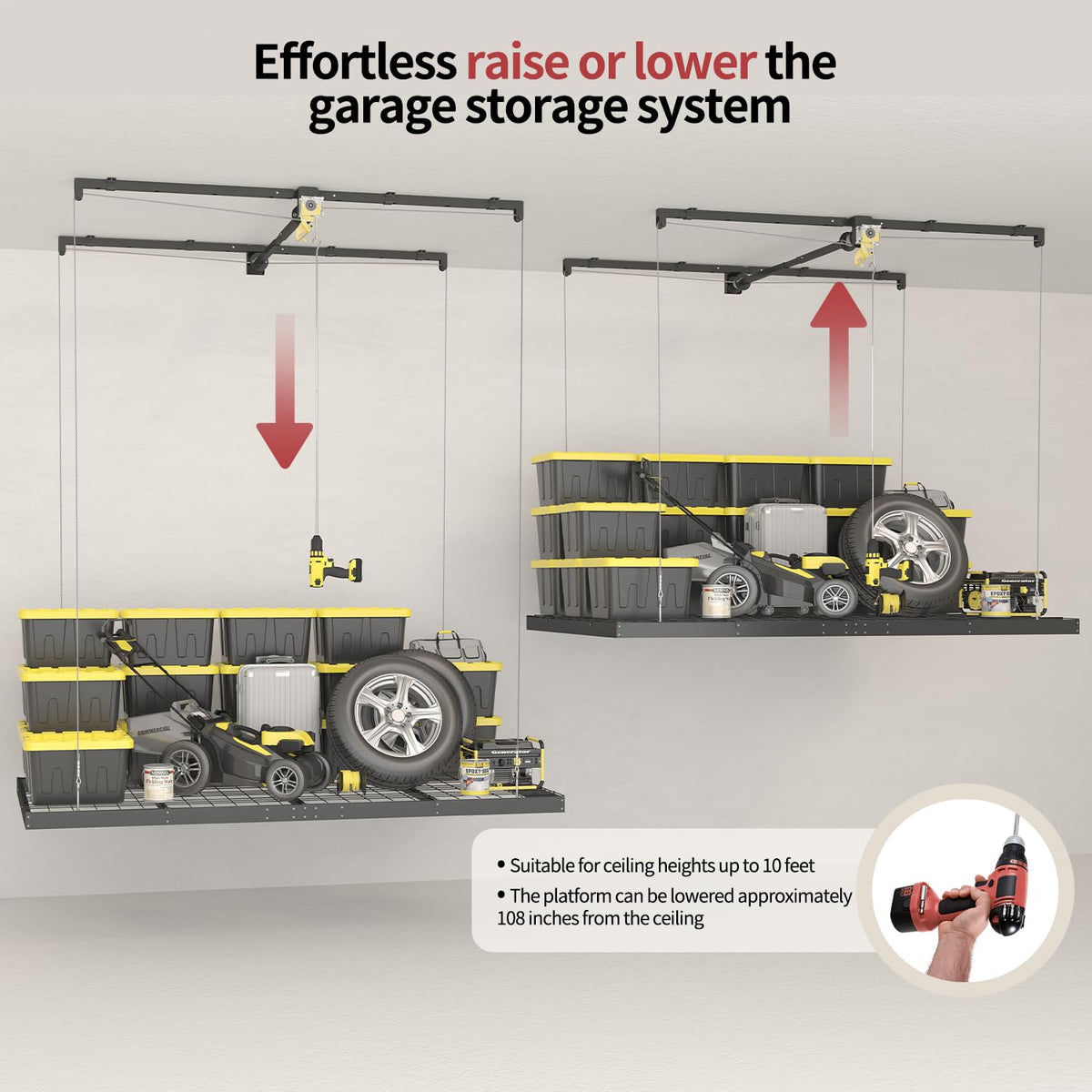 Garage Ceiling Storage Racks – 4x8 FT Overhead Garage Storage Rack with Safety Lock, Heavy-Duty Ceiling Mounted Lift System and Storage Organizer, Ideal for Maximizing Overhead Space, 325 lbs Capacity