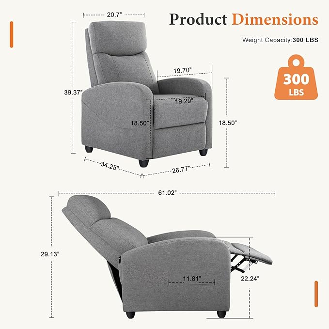 Sweetcrispy Recliner Chair Fabric Recliner Sofa No Massage, Home Theater Seating with Lumbar Support, Adjustable Push Back Overstuffed High-Density Sponge Reclining for Living Room, Slate Gray