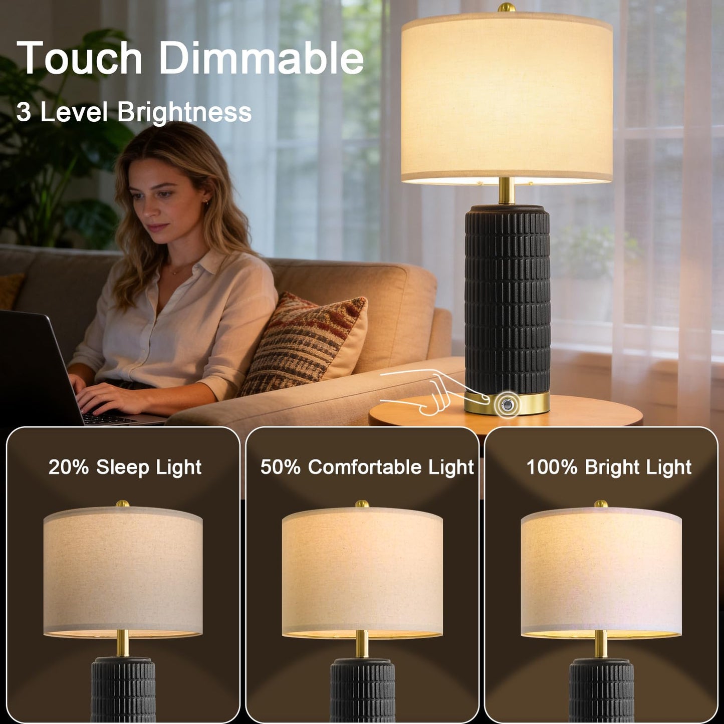 PoKat Ceramic Table Lamps Set of 2 for Living Room, 25'' Modern Touch Bedside Lamps for Bedroom with 2 USB Ports, Farmhouse Black Matte-Textured Nightstand Lamps Office Home Decor (Bulbs Included)
