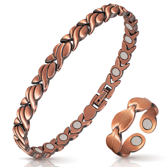 Copper Bracelets for Women Arthritis Lymph Detox Magnetic Bracelet, 100% Solid Pure Copper Bracelet with 3500 Gauss Magnets & Leaves Copper Ring with Adjustment Tool…