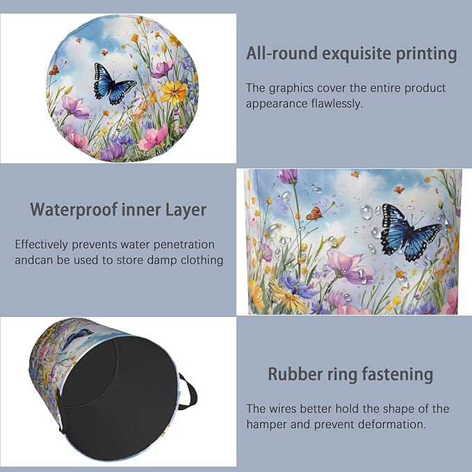 Wildflowers Butterfly Laundry Basket, Floral Garden Oxford Cloth Laundry Hamper