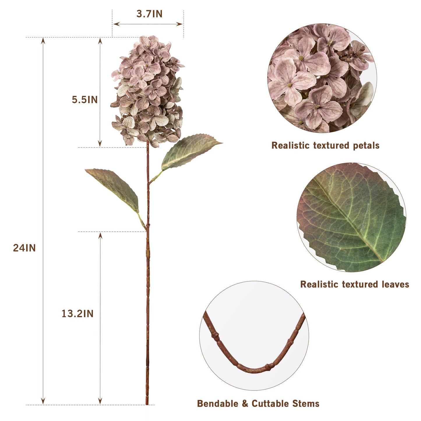 Ttranewsoo Fake Flowers Hydrangea Silk Flowers with Stems,Brown Flowers Fall Hydrangea Artificial Flowers,Winter Flowers Artificial for Decoration Vase Indoor and Outdoor 24"（Brown ） 8PCS Wthout Vase