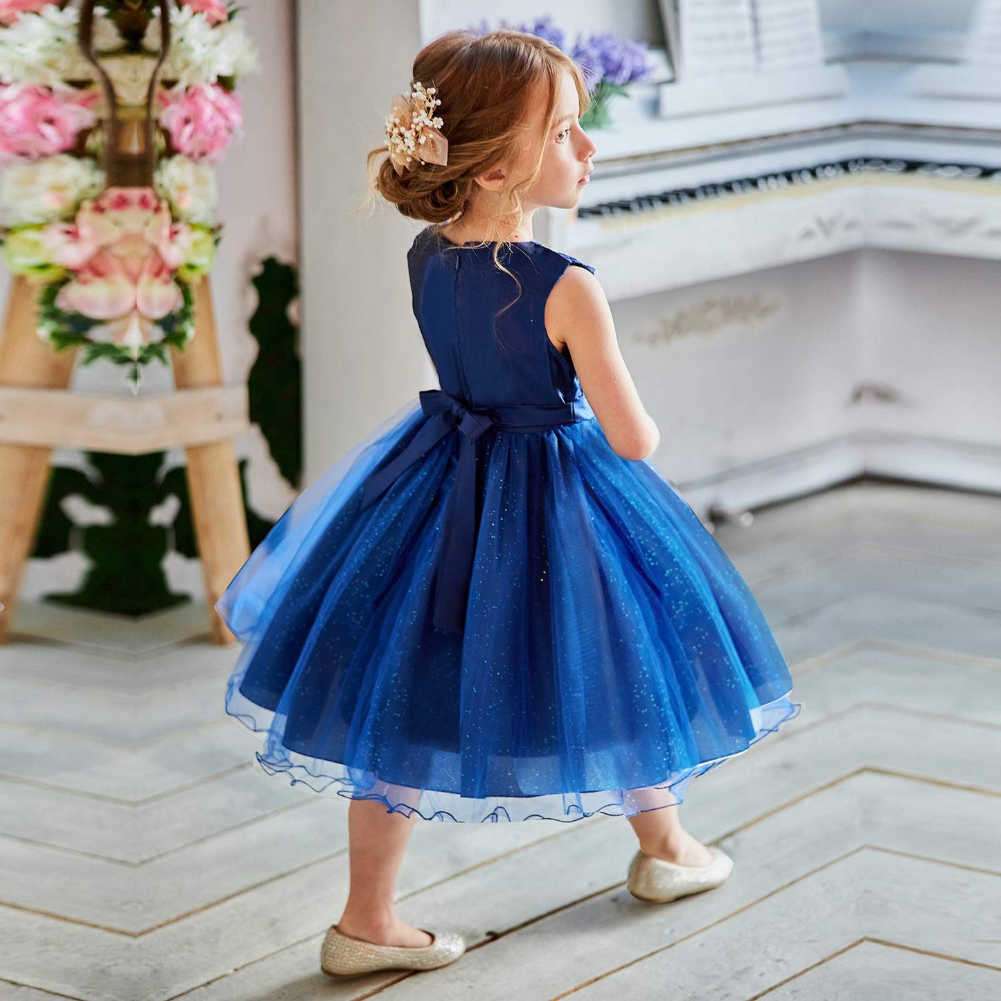 NNJXD Girl Sleeveless Lace 3D Flower Tutu Holiday Princess Dresses Size 7-8 Years Deep Blue