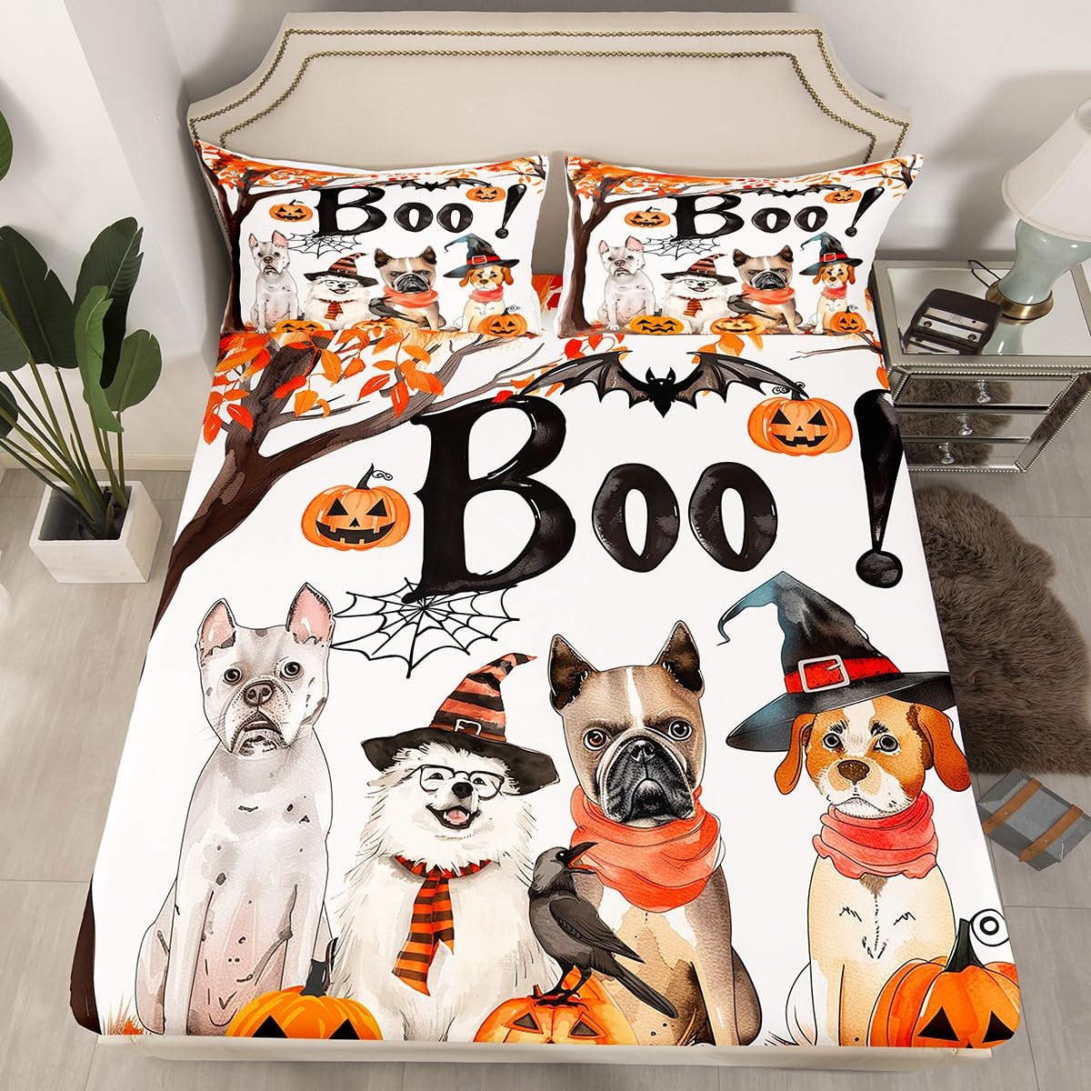Feelyou Halloween Fitted Sheet Full Size for Kids Boys Girls Pumpkin Bed Sheets Set 16" Deep Pocket Soft Breathable Microfiber Maple Fall Leaves Bedding with 2 Pillowcases Spider Web Room Decor