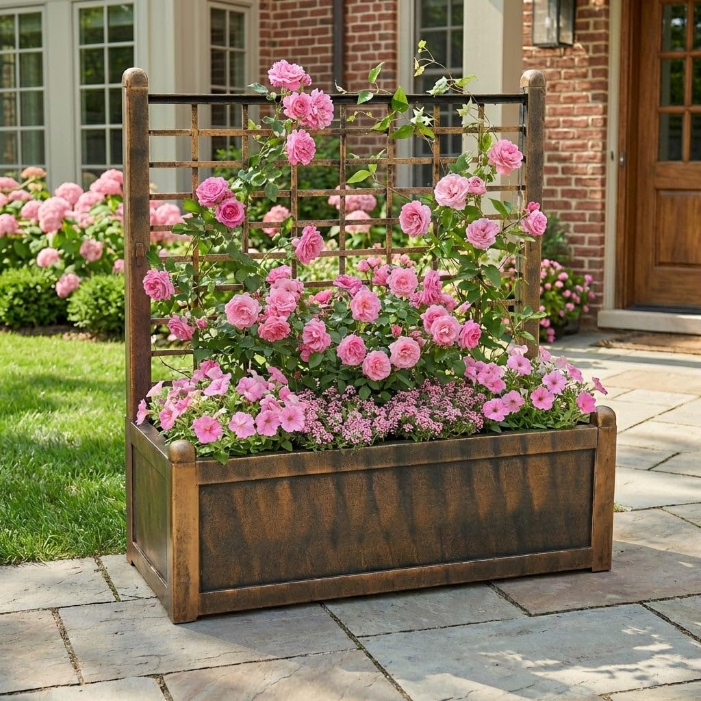 BrylaneHome Outdoor Freestanding Climbing Flower Plant Box with Trellis Planter Patio Deck Yard - Bronze