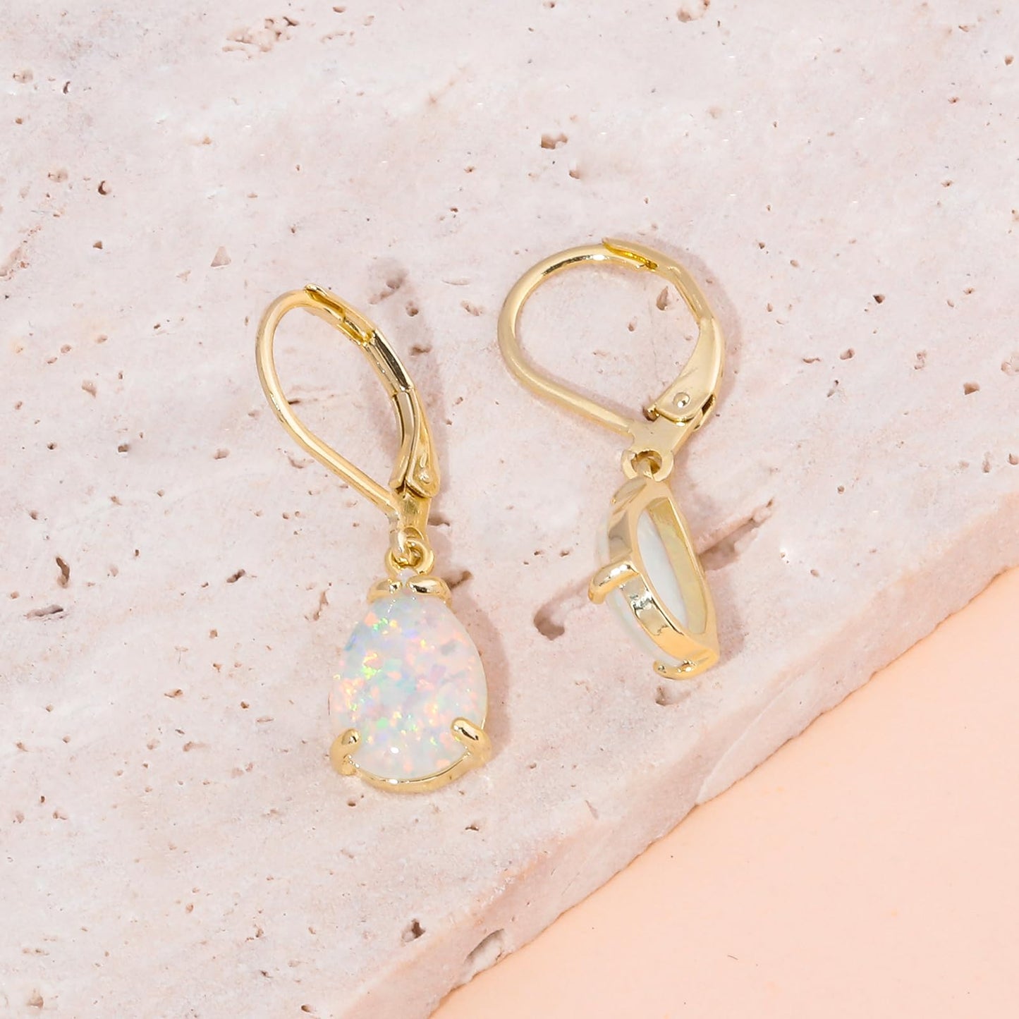 CiNily Teardrop Leverback Dangle Earrings for Women Hypoallergenic White Opal Pendant Drop Earrings 14K Gold Plated Hanging Lever Earrings Fashion Graduation Party Jewelry Gifts for Sensitive Ears