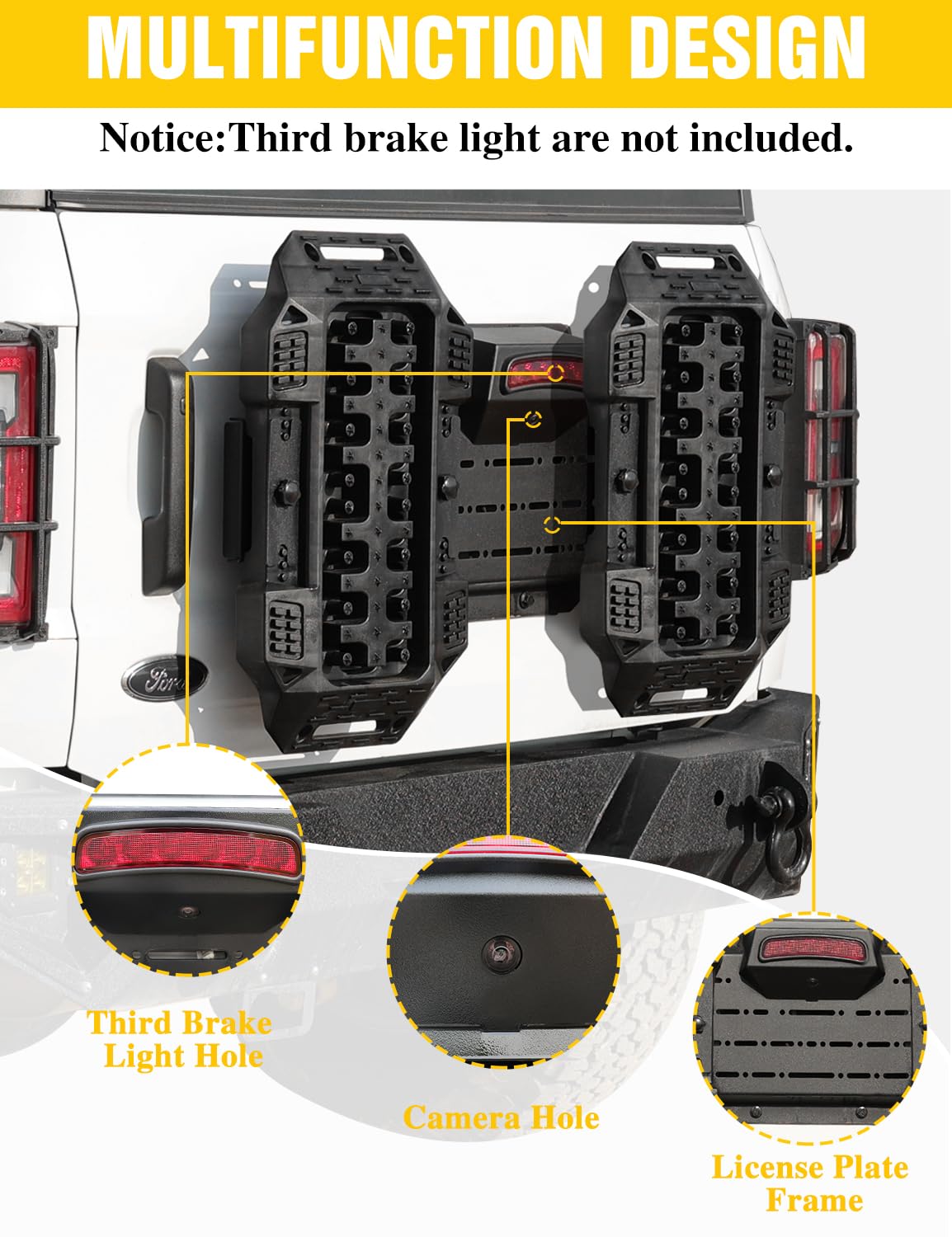 JROAD Bronco Rear Spare Tire Delete Frame w/Recovery Boards for Bronco 2021+ Accessories|Integrates Backup Camera Hole,Brake Light Bracket,Rear License Plate,Tailgate Vent Cover,DIY Shelf Board