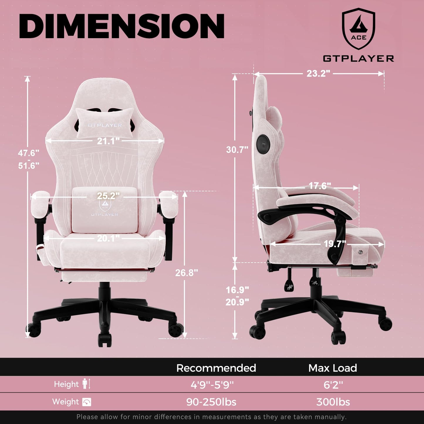 GTPLAYER ACE-PRO Music Gaming Chairs – Built-in Speakers, App Support & Bluetooth Control, Computer Game Chairs with Footrest for Adults, Ergonomic Reclining Silla, Linkage Armrest, Pink 【Velvet】