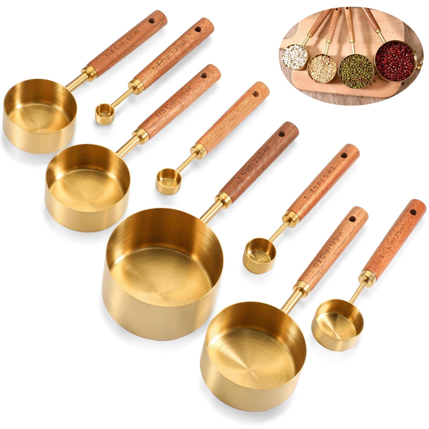 SHENLIU 8 Pcs Gold Measuring Cups and Spoons Set, Black Stainless Steel Measurings Cups with Wooden Handle, Metal Measuring Spoons and Measurings Cup Set for Kitchen Cooking Baking