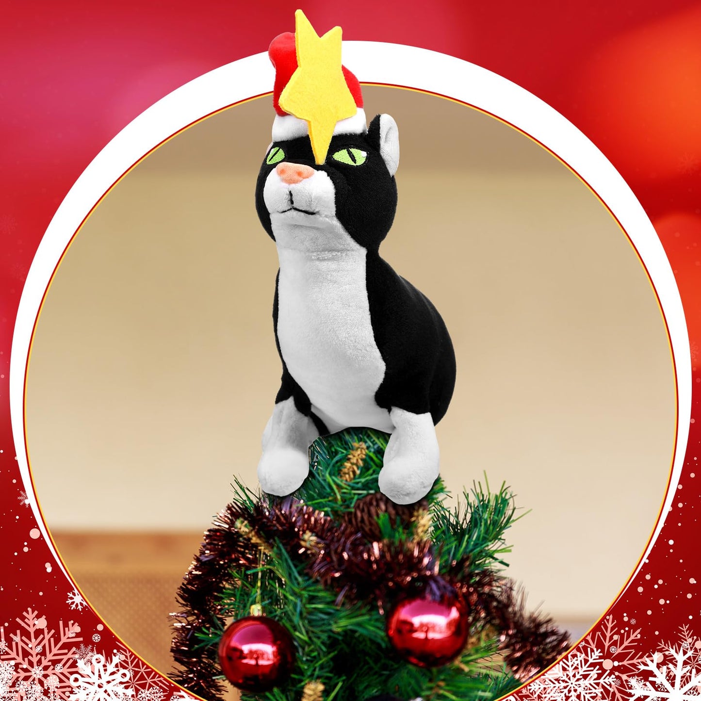 Shappy Christmas Tree Topper Decoration Black Cat Christmas Tree Topper with Star Plush Stuffed Christmas Tree Ornament Cat with Santa Hat Xmas Decoration for Cat Lovers Gift Ideas