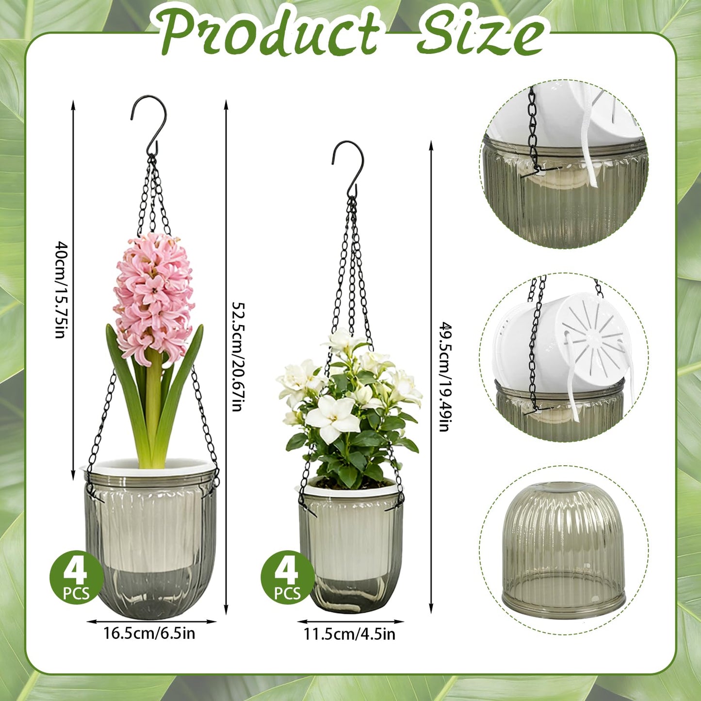 CONEHOY 8 Pcs Self Watering Hanging Planters with 3 Hooks Drainage Holes 6.5'' 4.5'' Self Watering Plant Baskets Hanging Flower Pots for Outdoor Indoor Gift Home (Gray)