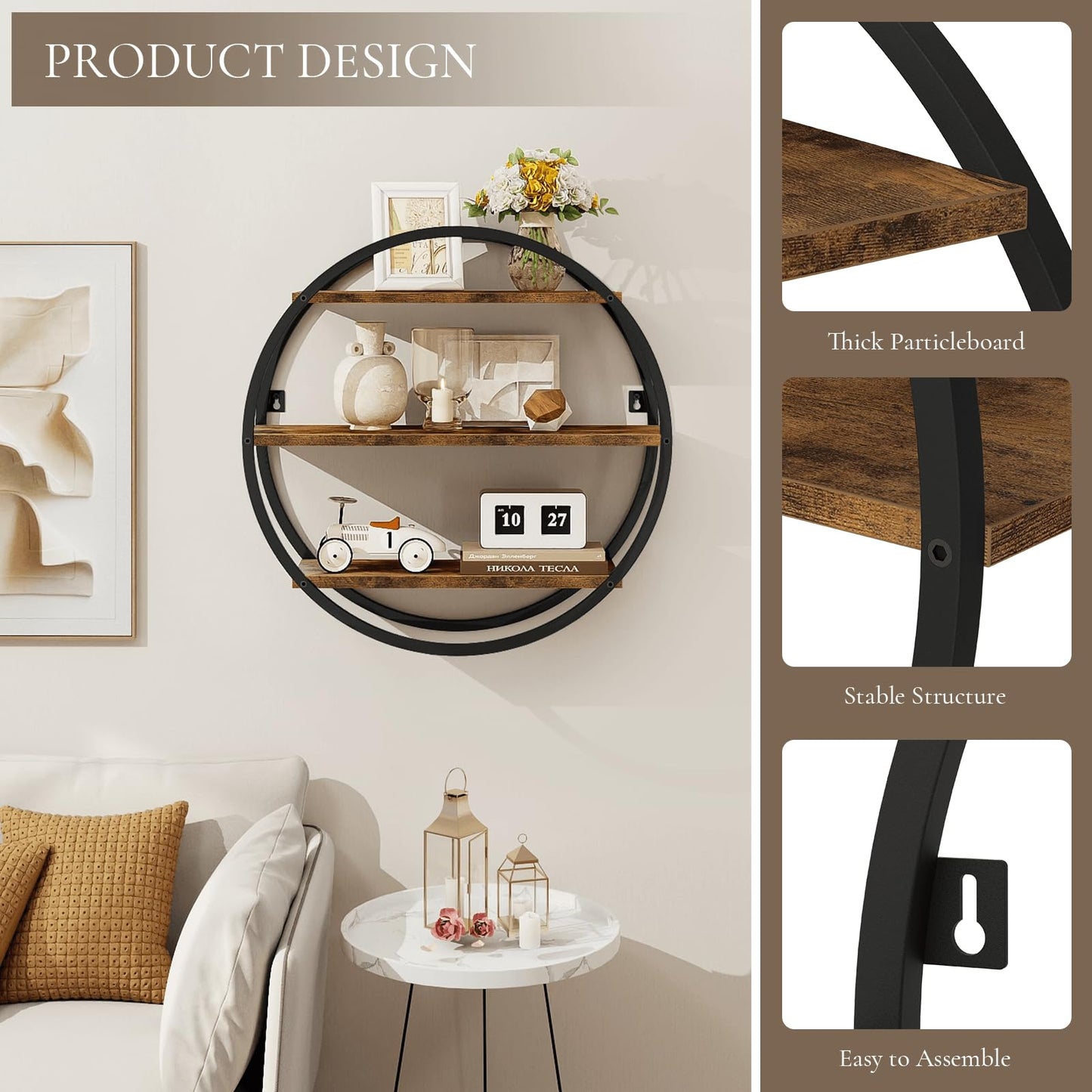 BCOZLUX Floating Shelves, 3 Tier Decorative Geometric Circle Metal and Wood Wall Shelves, Bathroom Shelf Round Wall Decor, Rustic Brown