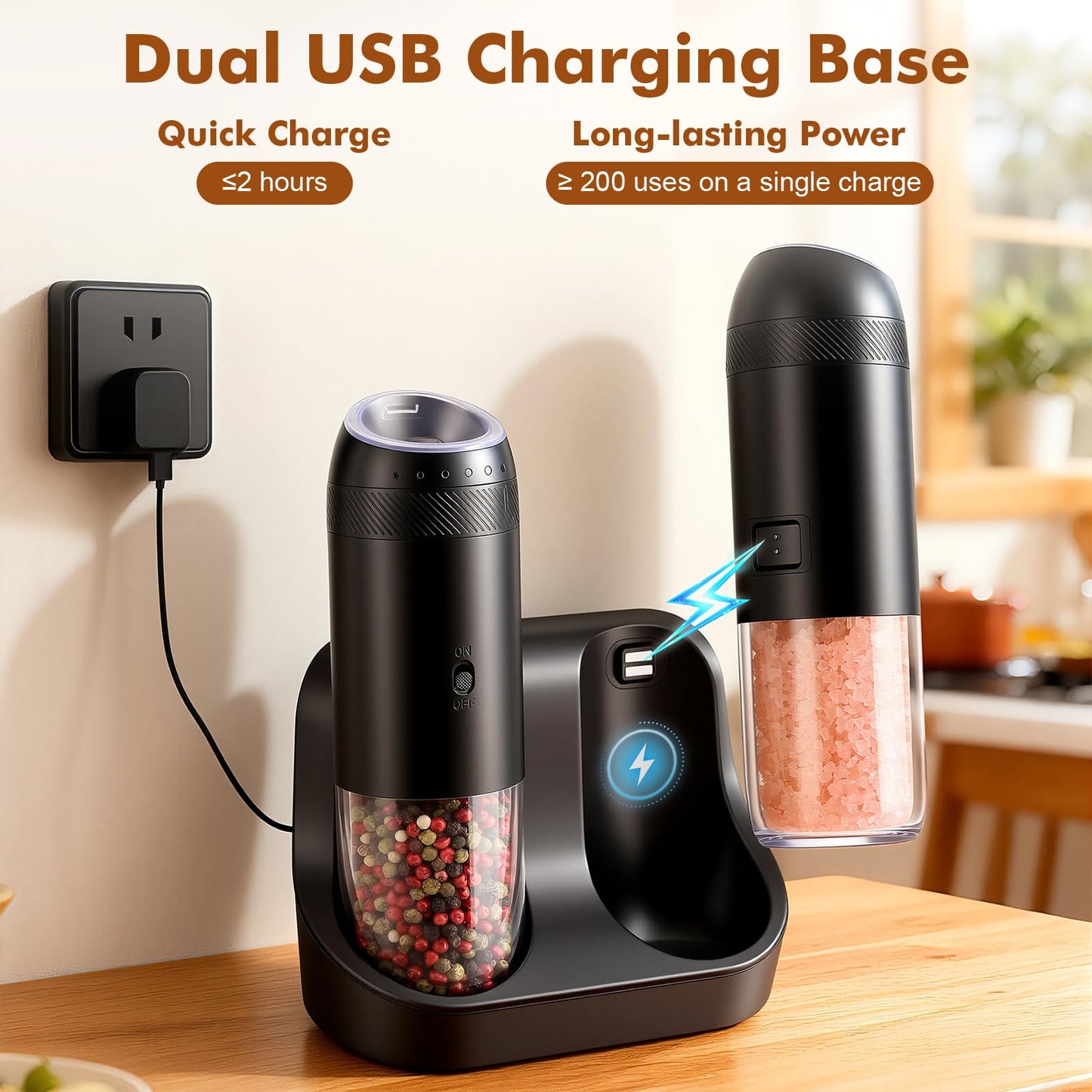 Electric Salt and Pepper Grinder Set, Automatic Gravity Sensor Grinder with Rechargeable Base, External Adjustable Coarseness (6 Levels), LED Light, Automatic Shakers for Kitchen & Outdoor