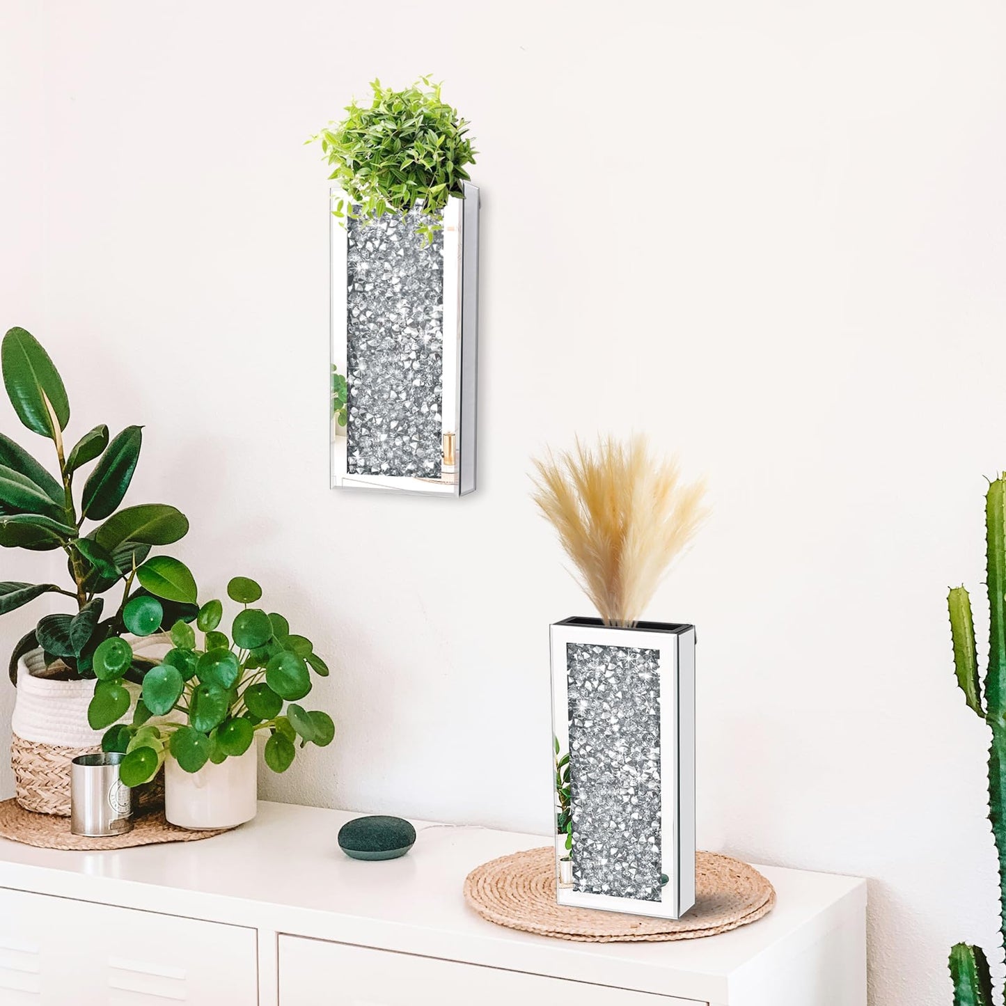 Azonsdop Silver wall Decor Mirrored Vase Set of 3,Crystal Crush Diamond Flower Vase,Stunning Decorative Glass Hanging Planter & Container for Home Wall Decor Befit for Faux Plants Can't Hold Water
