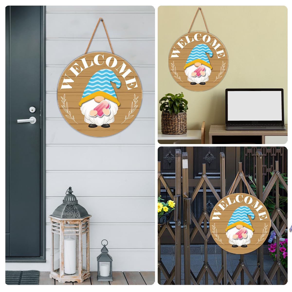 Interchangeable Gnome Welcome Sign Summer Patriotic 4th of July Porch Decor, Changeable Wooden Gnomes Front Door Decoration Wreath Hanger for Spring Fall Winter All Seasons Holiday, Fulvous
