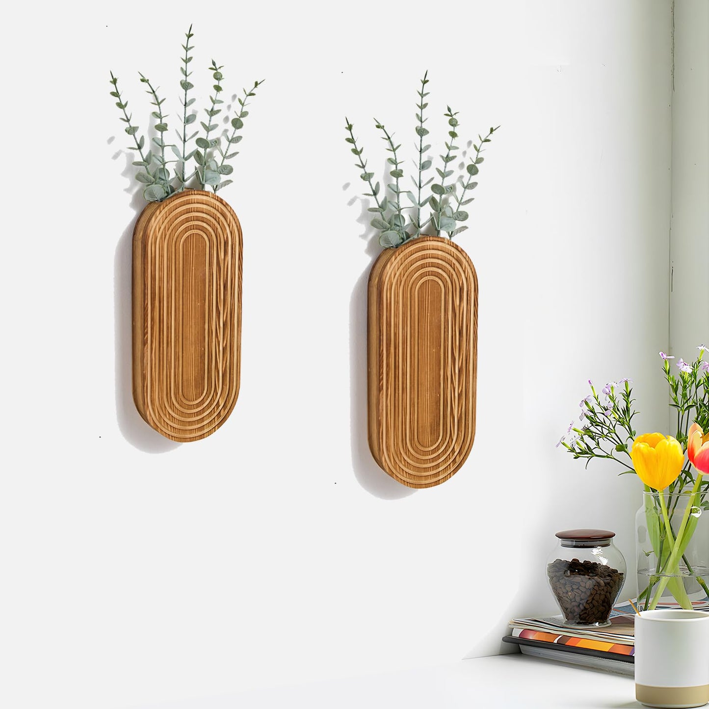 Mokof 2 Pack Carved Wood Wall Planters with Fake Eucalyptus Stems for Wall Decor - Boho Wooden Wall Art for Living Room, Bedroom, Bathroom (Brown)