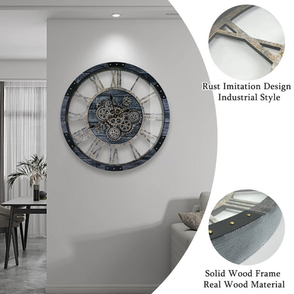 TOPPTIK 30 Inch Industrial Steampunk Wall Clock, Gray, Battery Operated, Real Rotating Gears, Solid Wood Frame, Oversized Wall Clock for Living Room Decor
