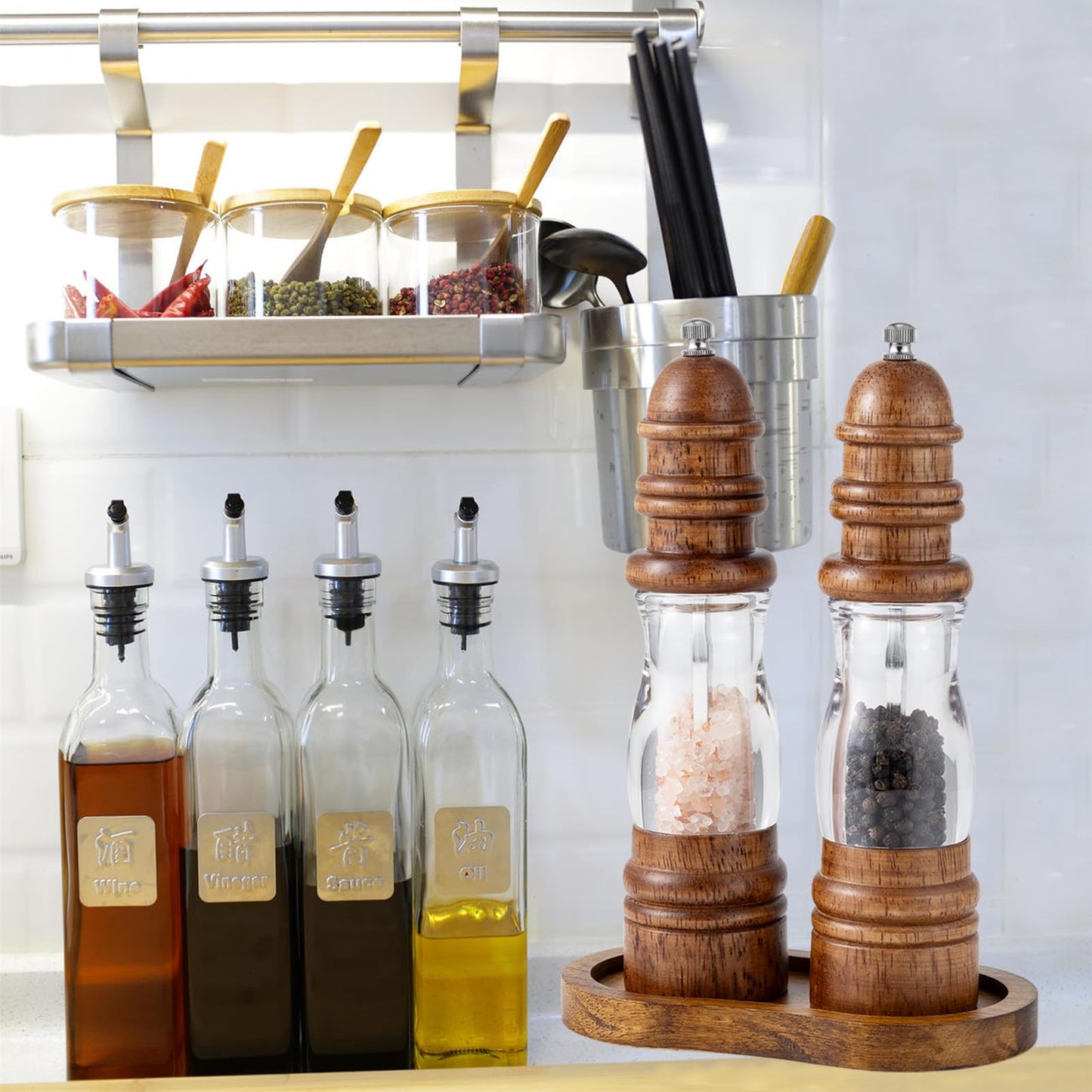 BINHAI Salt and Pepper Wood Mill Tray, Retro Colour Pepper Grinder Rest, Work Surface and Dining Table Protector (Pepper Mill not Included)