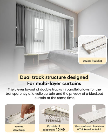 Ezcasch Ceiling Curtain Track Set - Dual Track Ceiling & Wall Mount 10ft-12ft, Heavy-Duty Double Track Rails with Silent Slides, Room Divider Double Track System, Includes Hooks/Clips/Brackets, White