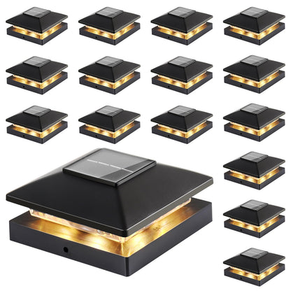 Solar Post Cap Lights Outdoor 16-Pack, Black Waterproof Solar Powered Deck Fence Lights Fit 4x4 Wood/Vinyl Posts, Bright Warm White for Patio, Porch