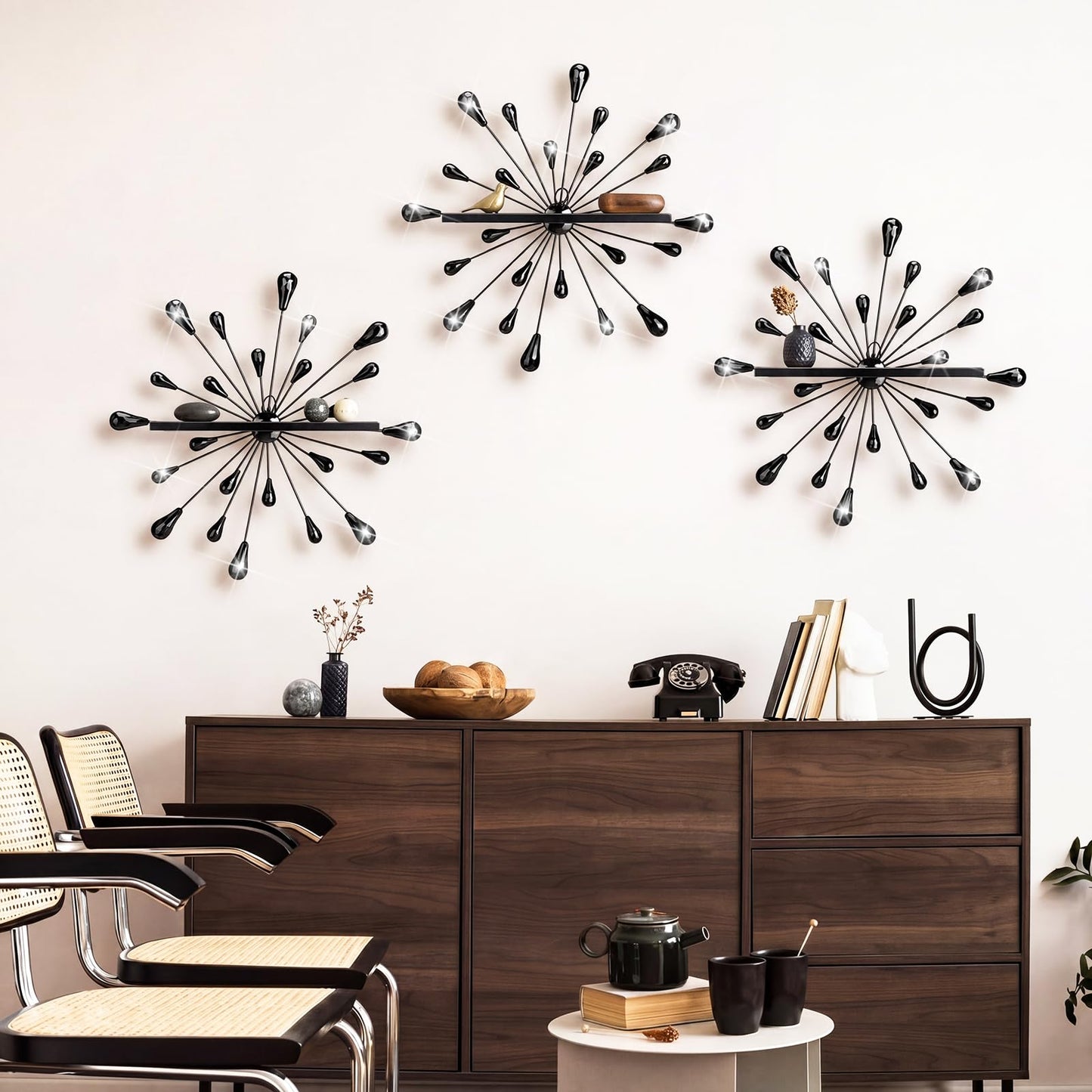 Yaocom 3 Pcs Bling Crystal Floating Shelves Metal Starbursts Wall Decor Folding Shelf Black Corner Shelves Hanging Wall Mounted for Storage Bedroom Bathroom Living Room Kitchen Office Home Decoration