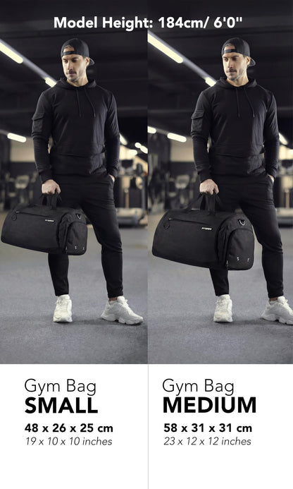 Fitgriff® Gym Bag for Men & Women with Shoe & Wet Compartment - Duffle Bag for Travel, Sports, Fitness & Workout (Full Black, 19 x 10 x 10″ (Small))