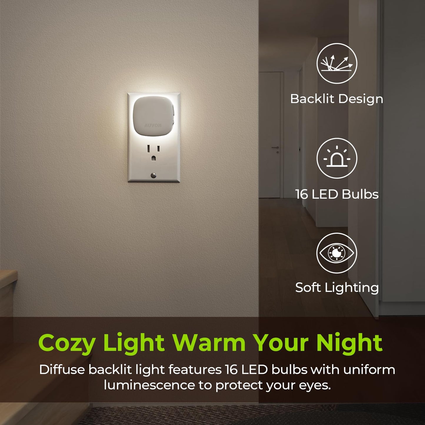 AUVON Plug-in LED Backlit Night Light with Motion Sensor & Dusk to Dawn Sensor, Dimmable Amber Nightlight with 1-50 lm Adjustable Brightness for Bedroom, Bathroom, Stairs, Hallway (4 Pack)