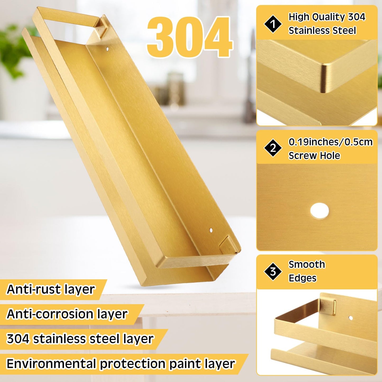 Lallisa 2 Pieces Stainless Steel Shelf Bathroom Shower Floating Shelves Wall Mounted Shower Caddy Basket Shelf Storage Organizer Shelves for Bathroom, Kitchen, Living Room(15.75 Inch/ 40 cm,Gold)