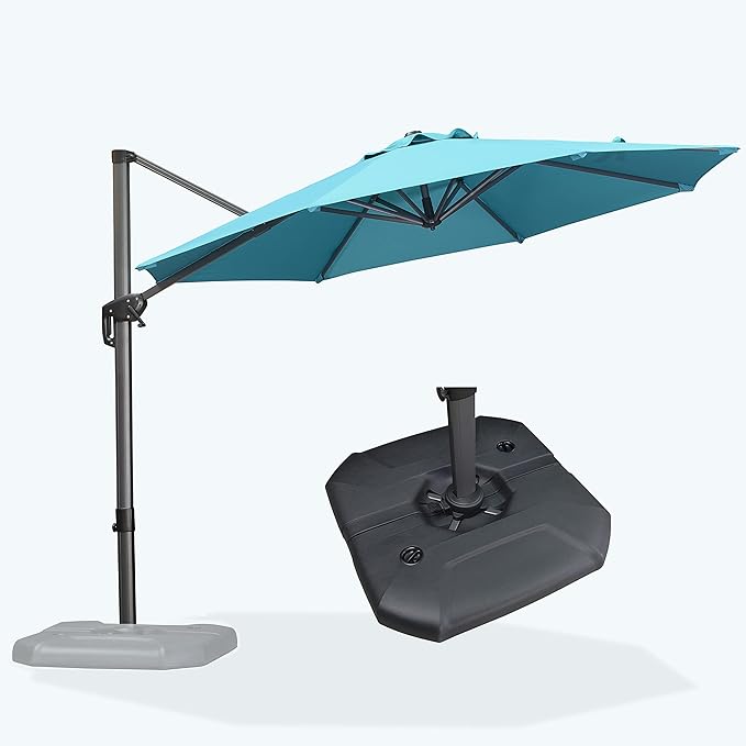 PURPLE LEAF 10 Feet Cantilever Umbrella with Base Outdoor Patio Round Umbrella Aluminum Offset with 360-degree Rotation for Garden Deck Pool Patio,Turquoise Blue